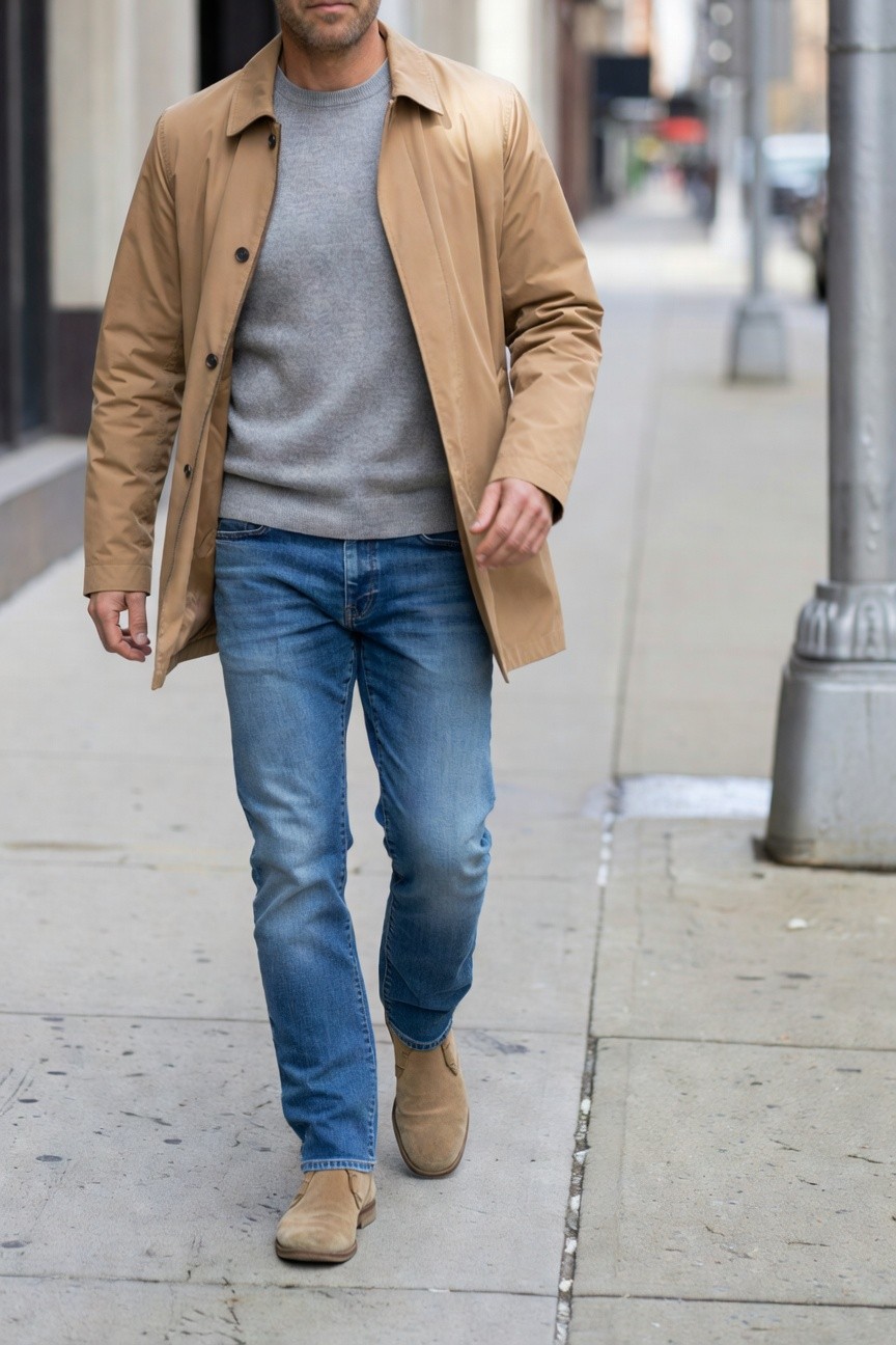 Man in urban street setting wearing open beige raincoat over gray crewneck sweater tucked into slim blue jeans and tan suede chukka boots, walking casually