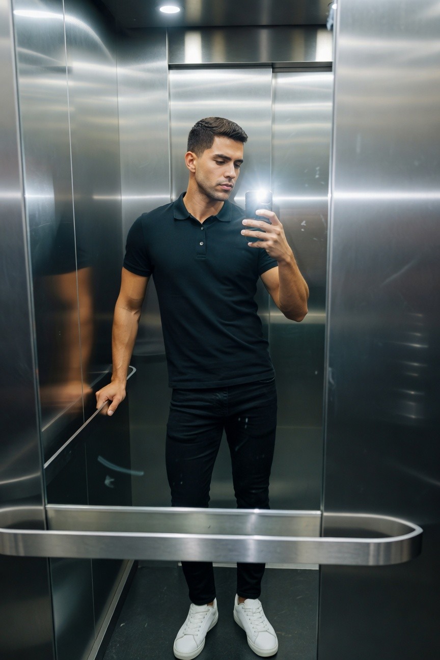 Muscular man in short-sleeve black polo shirt, slim black distressed jeans, and white sneakers, taking a mirror selfie while holding elevator door open