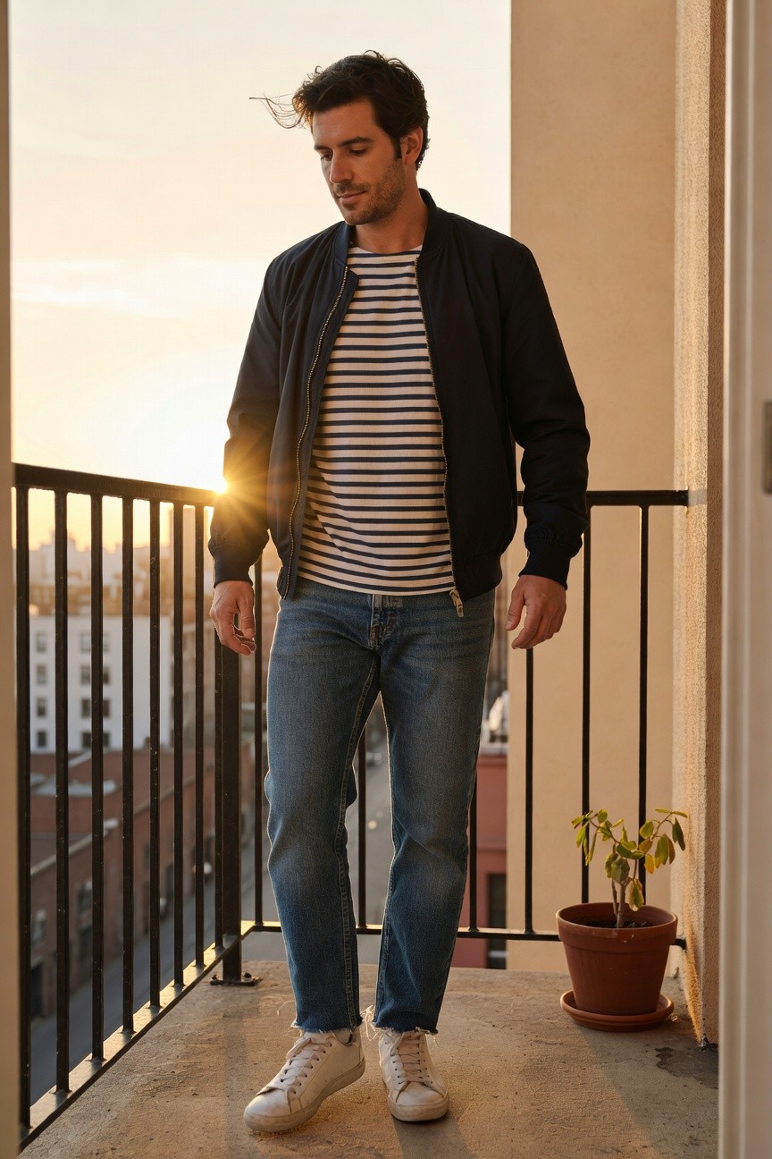 Man standing on balcony wearing black bomber jacket over white and navy striped shirt, medium blue straight-leg jeans, and white sneakers