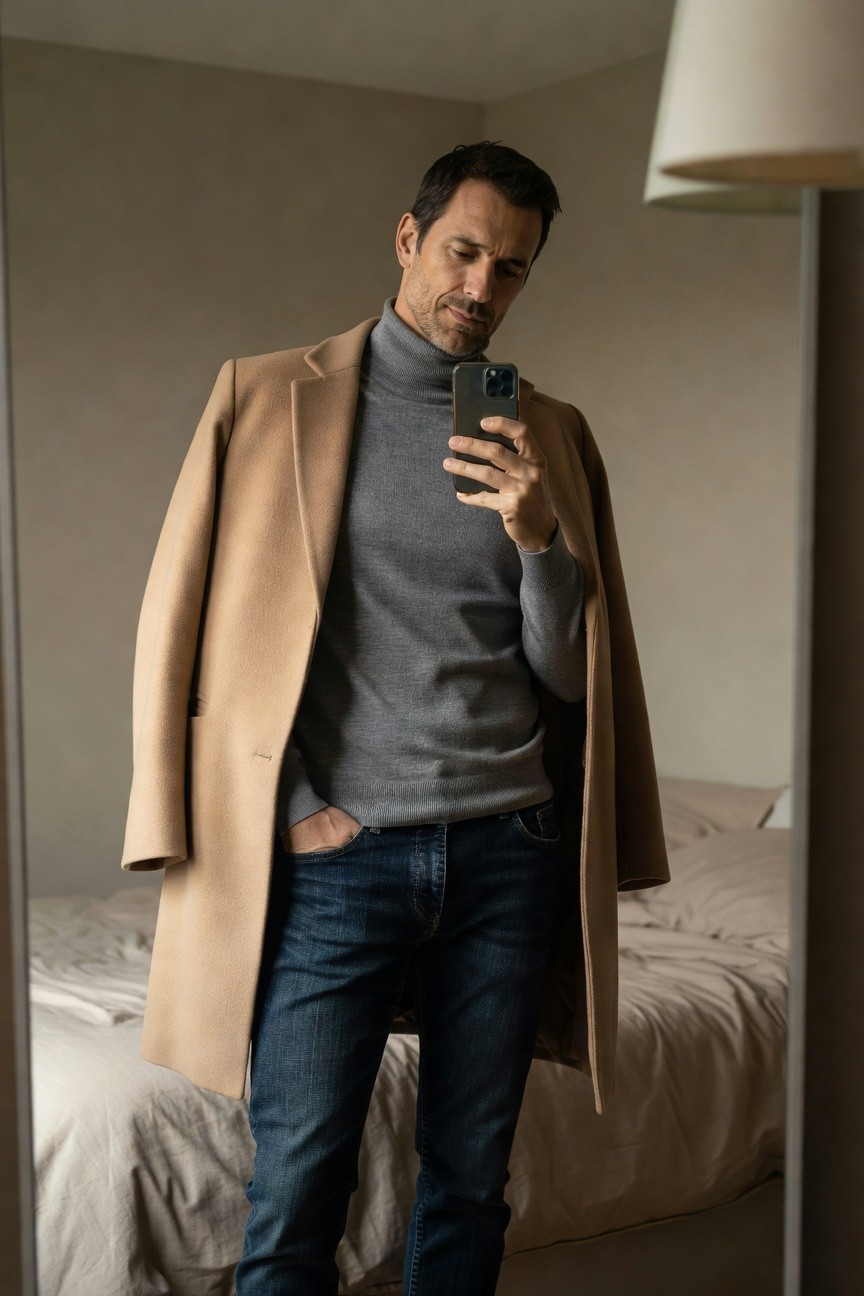 Man in open camel wool overcoat over grey turtleneck sweater and dark blue jeans, hands in pockets, selfie in bedroom mirror