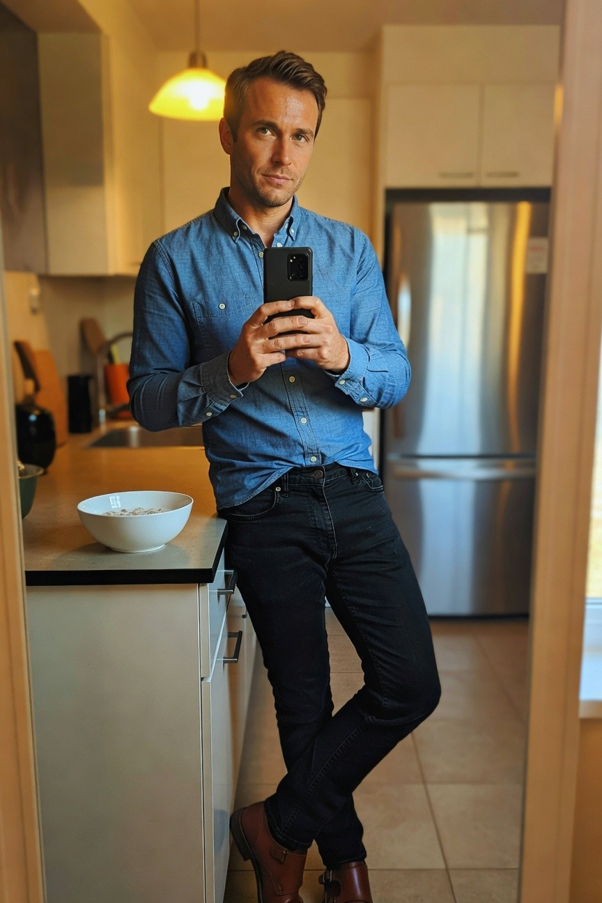 Handsome man in light blue chambray button-down shirt untucked over slim black jeans and brown buckled leather boots, leaning casually against a kitchen counter while holding his phone for a mirror selfie