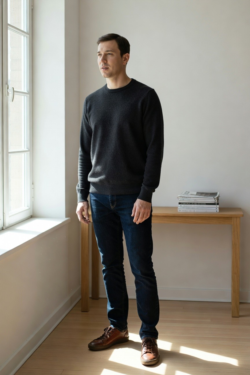 Man standing in charcoal gray knit crewneck sweater, dark blue straight-leg jeans, and brown leather laced sneakers, smart casual outfit against neutral background