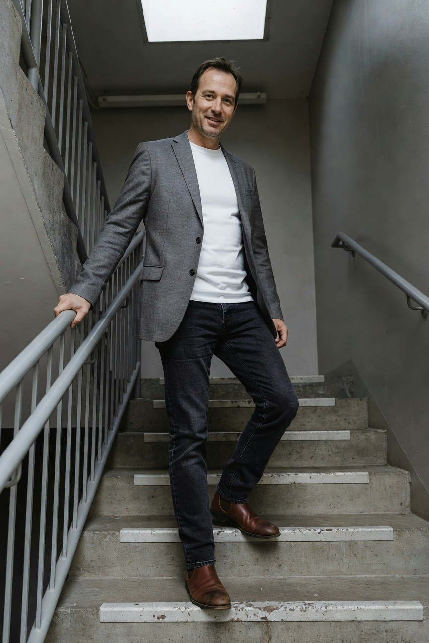 Man leaning casually on a metal stair railing in a modern indoor stairwell wearing a gray blazer over a white t-shirt dark slim jeans and brown leather chelsea boots