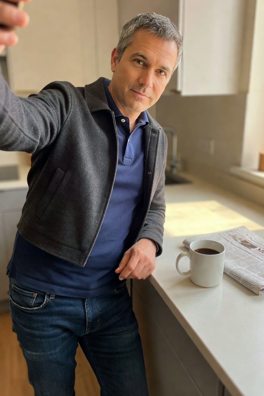 Middle-aged man with gray hair taking a selfie in a gray open cardigan over navy polo shirt tucked into slim dark blue jeans, standing by a kitchen counter with coffee mug and newspaper nearby