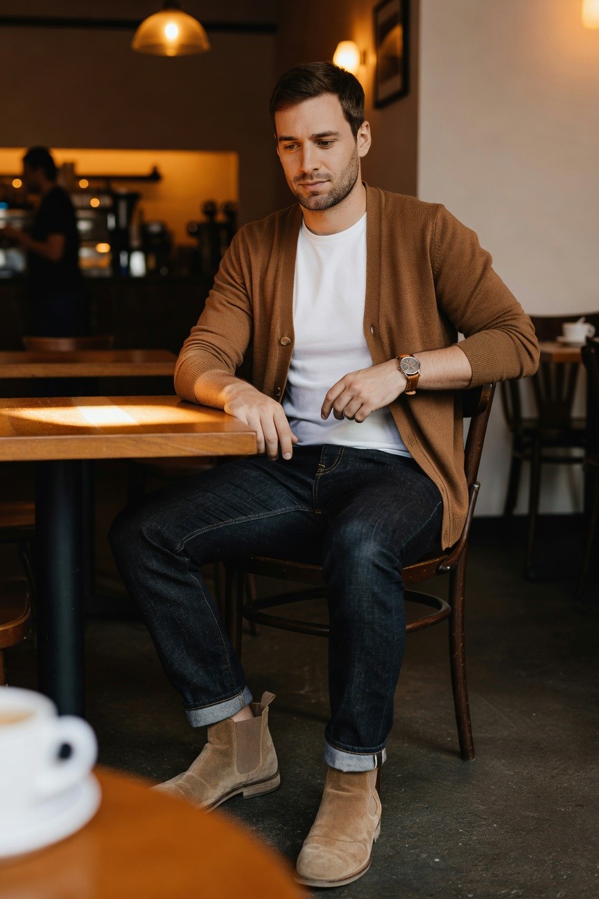 Man sitting at wooden cafe table wearing open camel knit cardigan over white t-shirt, dark slim-fit jeans cuffed at ankles, tan suede chelsea boots, and brown leather watch on wrist