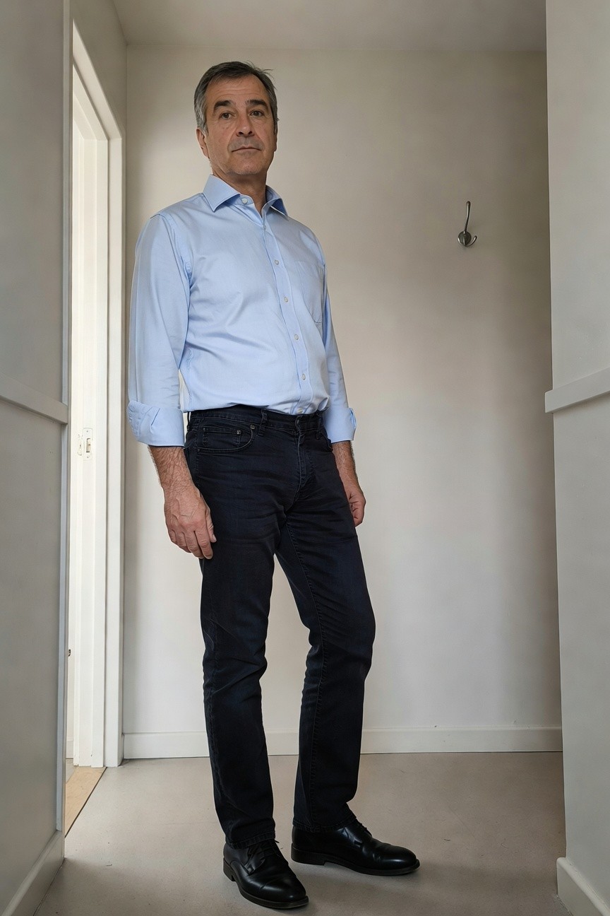 Man in light blue long-sleeve button-up shirt with rolled cuffs, dark slim-fit jeans, and black leather oxford shoes, standing confidently in a minimalist hallway