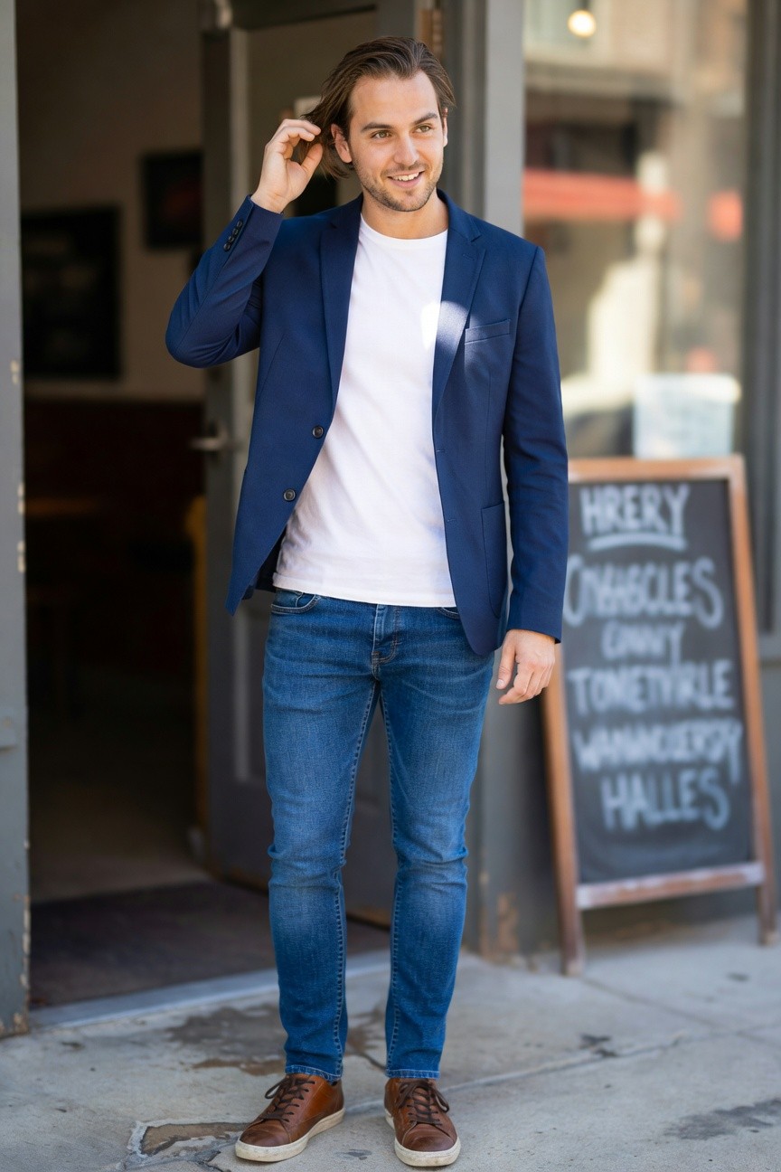 Handsome man with long hair smiling, wearing a navy blue slim-fit blazer over white t-shirt, slim dark blue jeans, and brown leather sneakers, standing casually outside a shop door with chalkboard sign