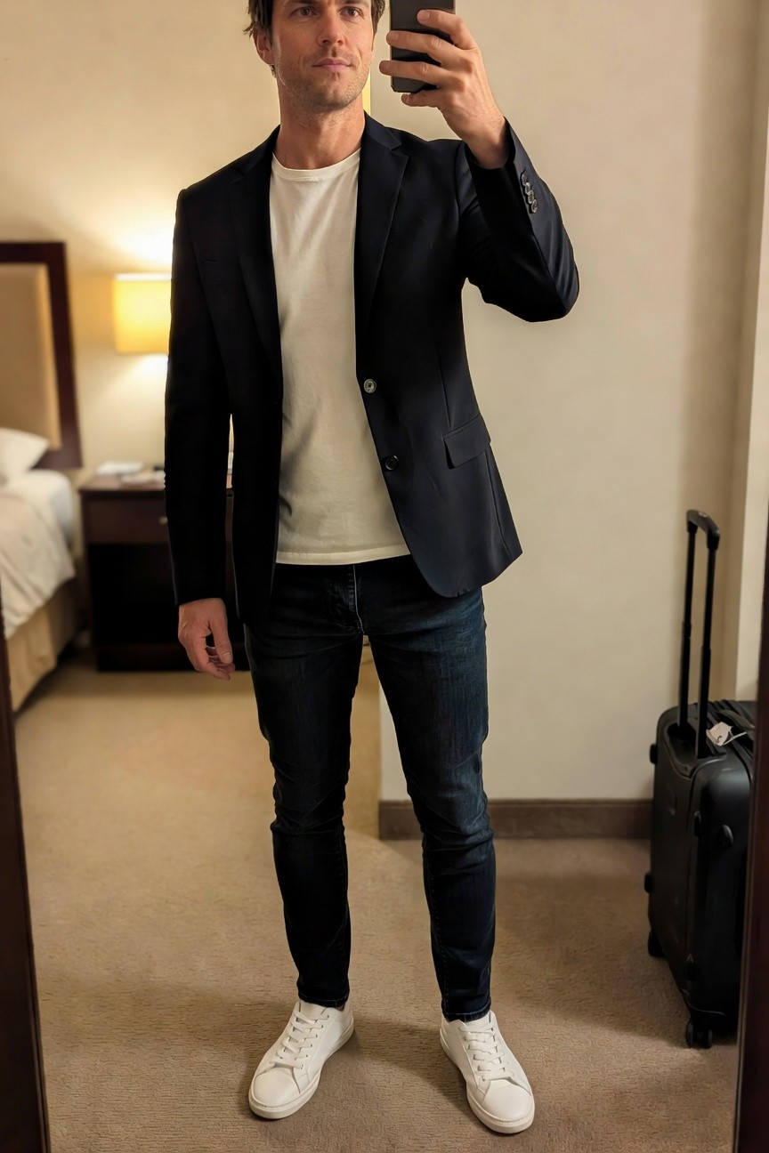 Man taking a mirror selfie in a hotel room, wearing a slim navy blazer over a white crewneck t-shirt, dark slim-fit jeans, and white leather sneakers, with a suitcase nearby