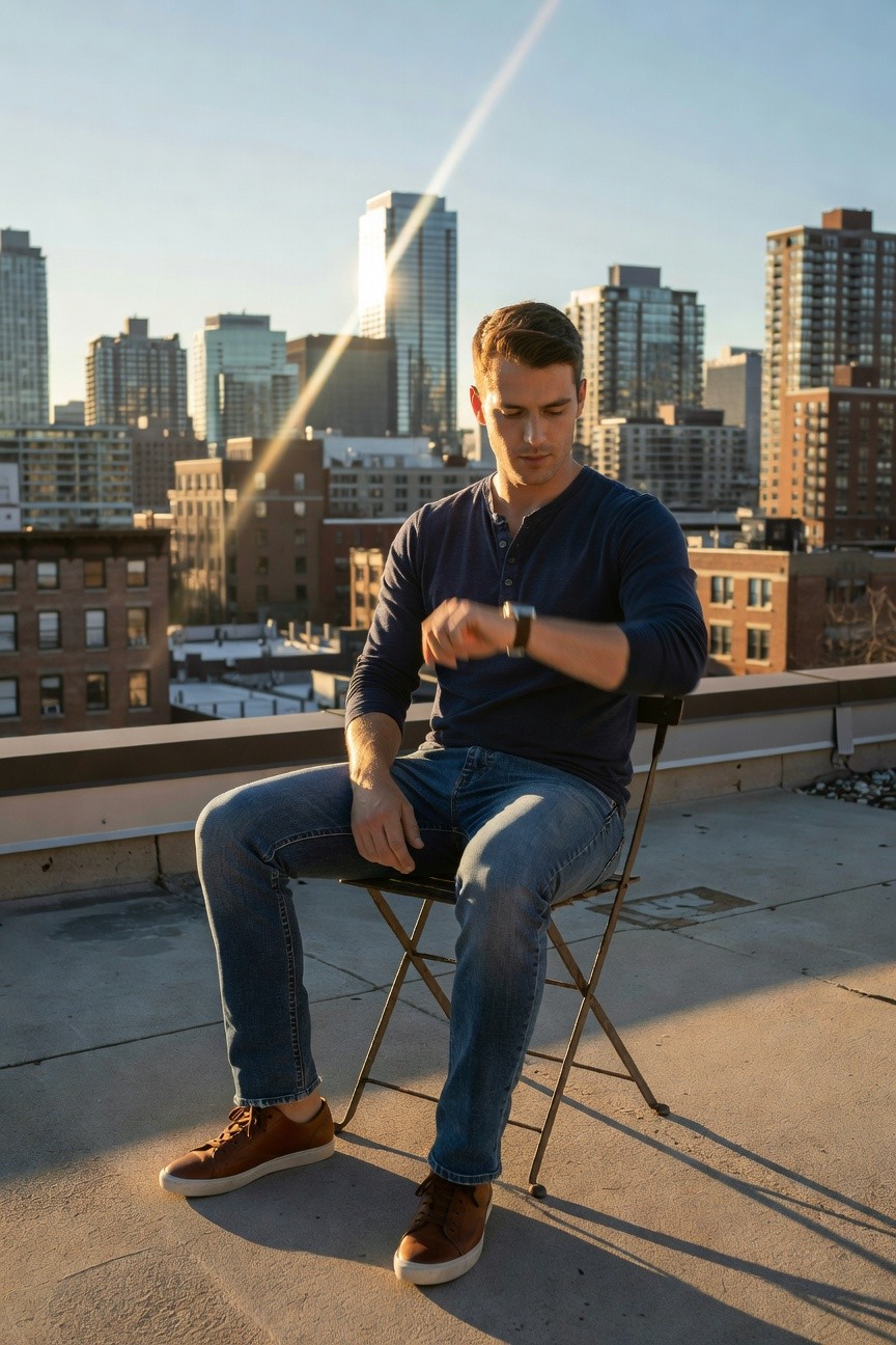 Man in navy long-sleeve henley shirt, slim blue jeans, brown leather sneakers, and wristwatch, seated casually on rooftop with city skyline backdrop at golden hour