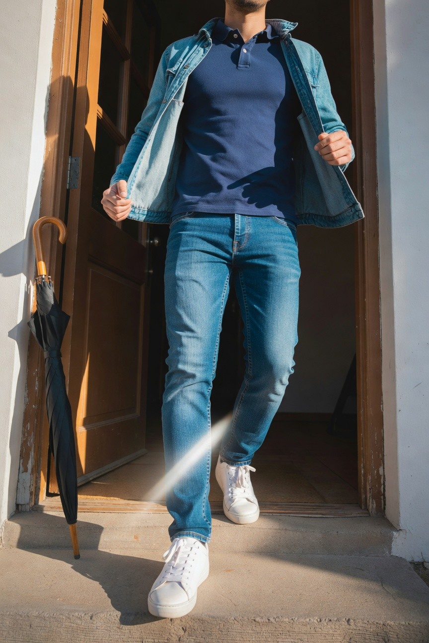 Man stepping out a wooden door in open light blue denim jacket over navy polo shirt, slim light blue jeans, and white sneakers, black umbrella leaning nearby