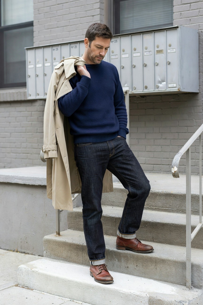 Man standing on concrete steps wearing navy crewneck sweater, beige trench coat draped over shoulders, dark slim jeans cuffed at ankles, and brown leather lace-up boots, next to metal mailboxes on brick wall