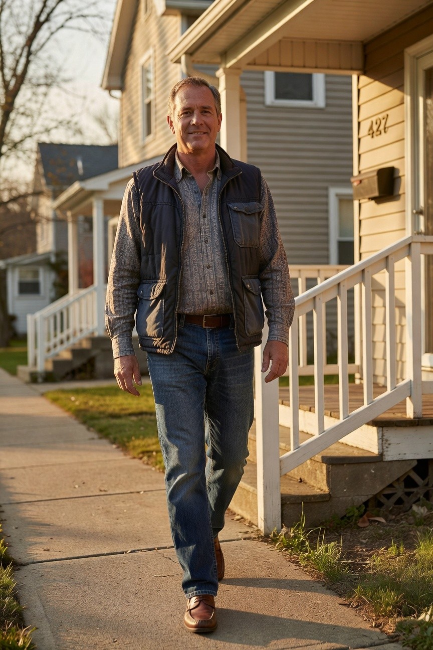 Middle-aged man walking on sidewalk in patterned long-sleeve shirt, dark vest, straight-leg blue jeans, brown belt, and brown loafers next to beige house steps