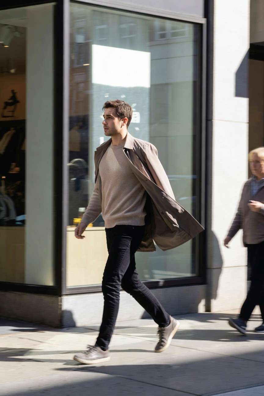Man walking in open beige trench coat over crewneck sweater, slim black jeans, and grey sneakers, with blurred background figures