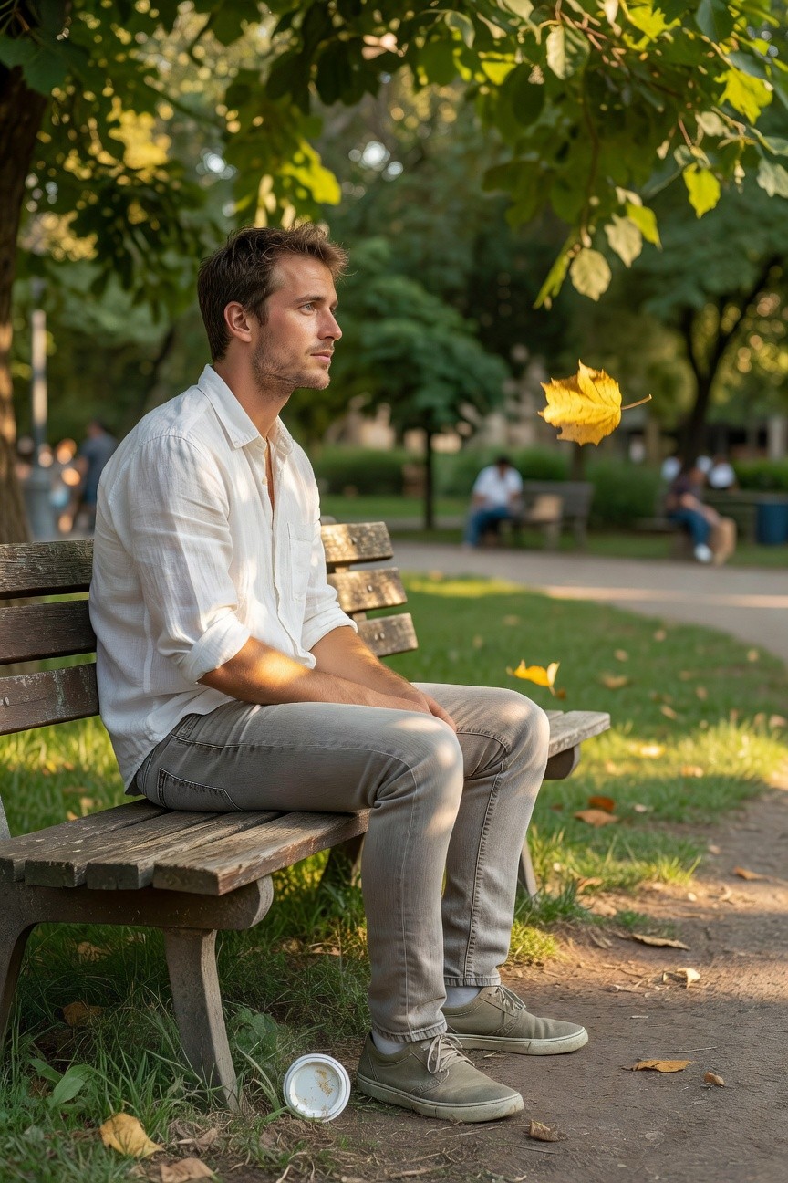Man sitting on a bench in a white linen shirt with rolled sleeves, gray slim-fit jeans, and gray sneakers, captured in a park setting with a yellow leaf falling nearby
