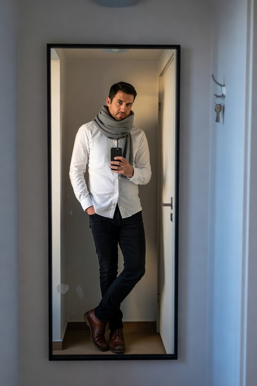 Man taking mirror selfie in white long-sleeve button-down shirt layered with loose gray scarf, slim black jeans, and brown leather dress shoes, standing casually in a hallway.
