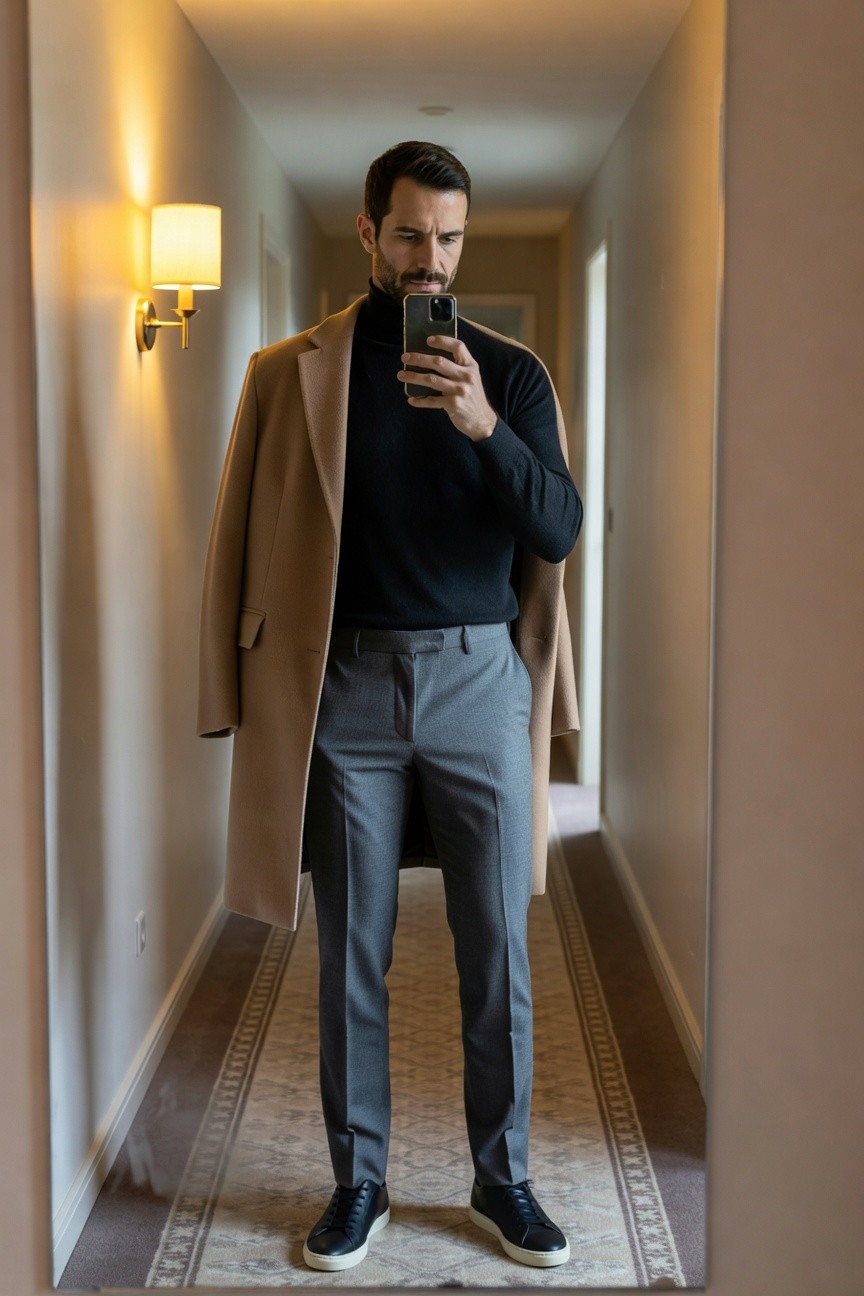 Man in open camel overcoat, black turtleneck, slim grey pants, and black sneakers, selfie in hotel hallway mirror