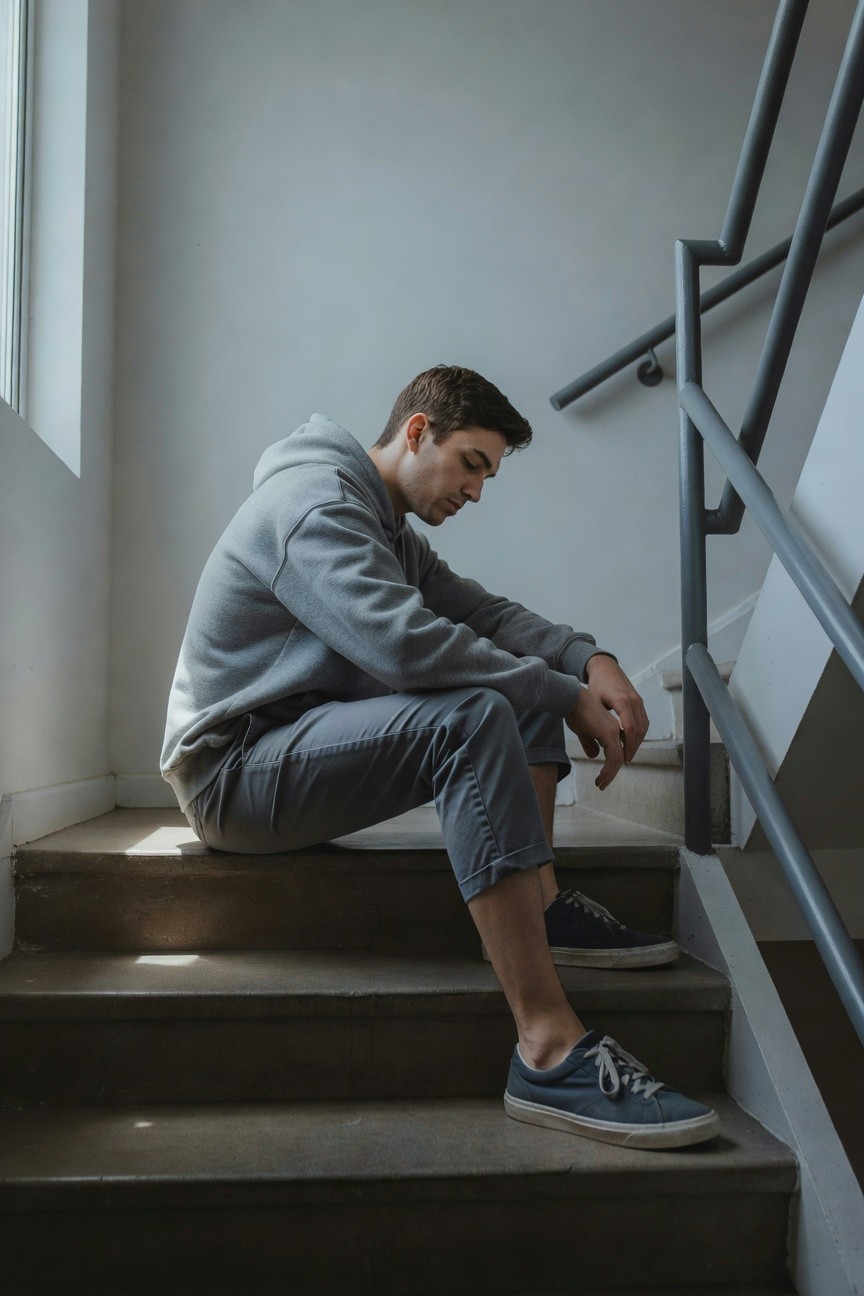 Young man in light grey hoodie and slim grey pants cropped at ankles, paired with navy sneakers, sitting on concrete stairs with metal railing nearby