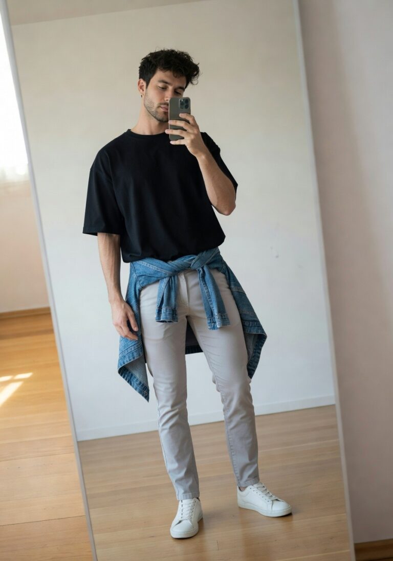 Man in mirror selfie wearing oversized black t-shirt, light grey chinos, white sneakers, and blue denim jacket tied around waist, bedroom background