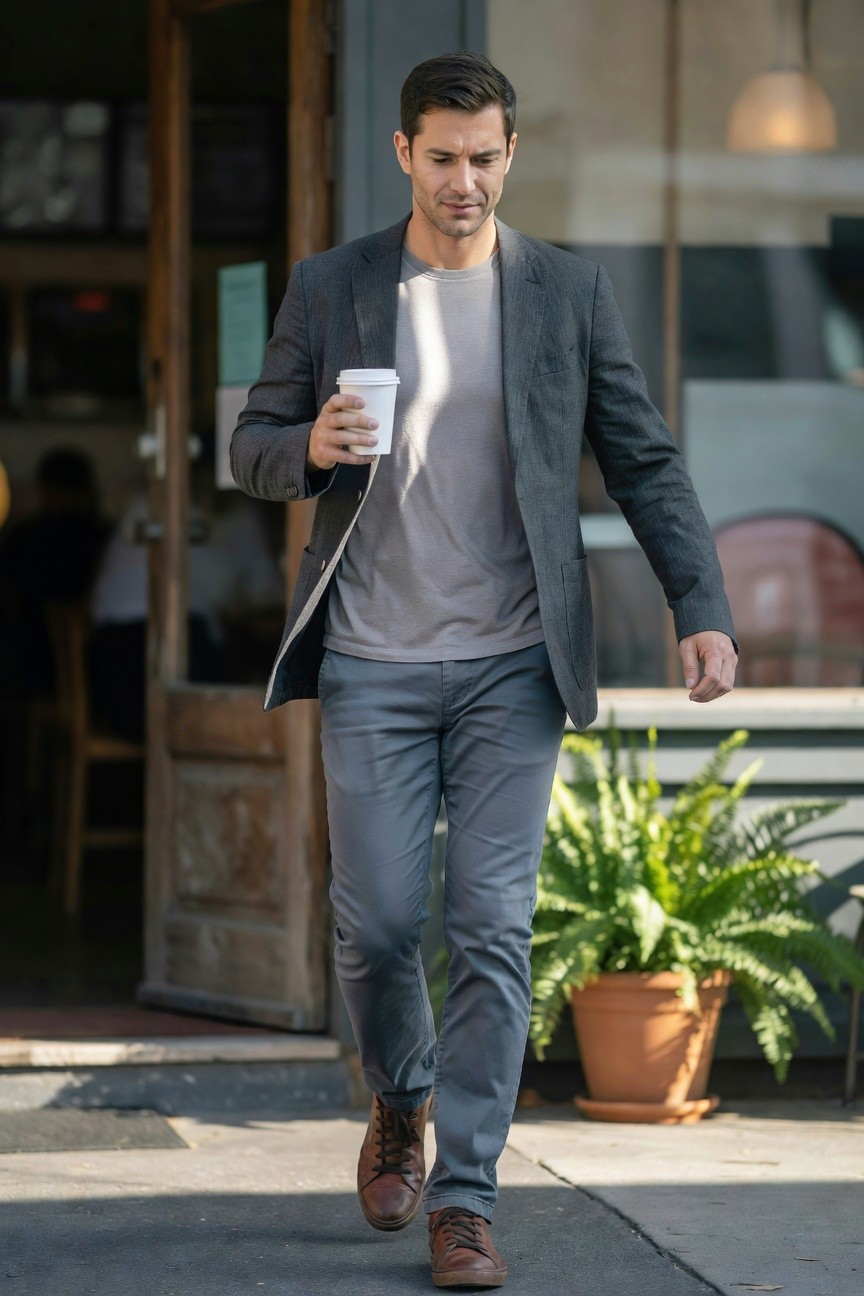 Man walking outside cafe in charcoal grey blazer over light grey t-shirt, medium grey slim pants, brown leather laced boots, holding white coffee cup in right hand