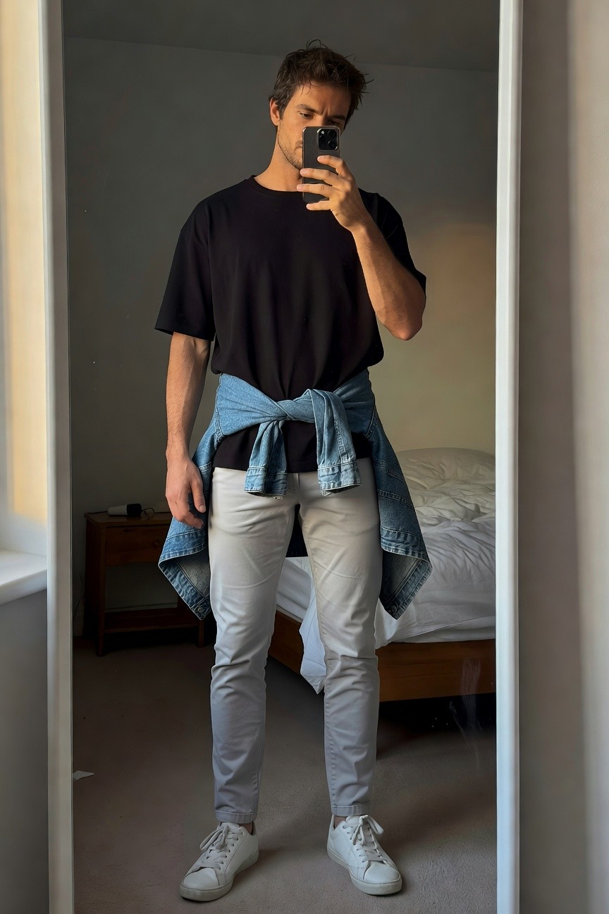 Man in mirror selfie wearing oversized black t-shirt, light grey chinos, white sneakers, and blue denim jacket tied around waist, bedroom background