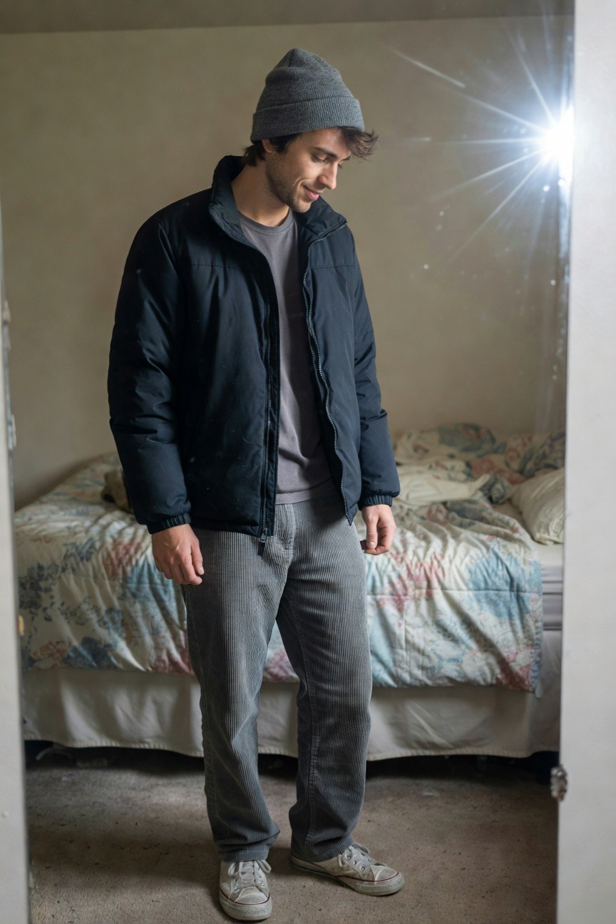 Man in grey beanie, black puffer jacket over grey t-shirt, grey corduroy pants, and white sneakers, standing casually in a simple room