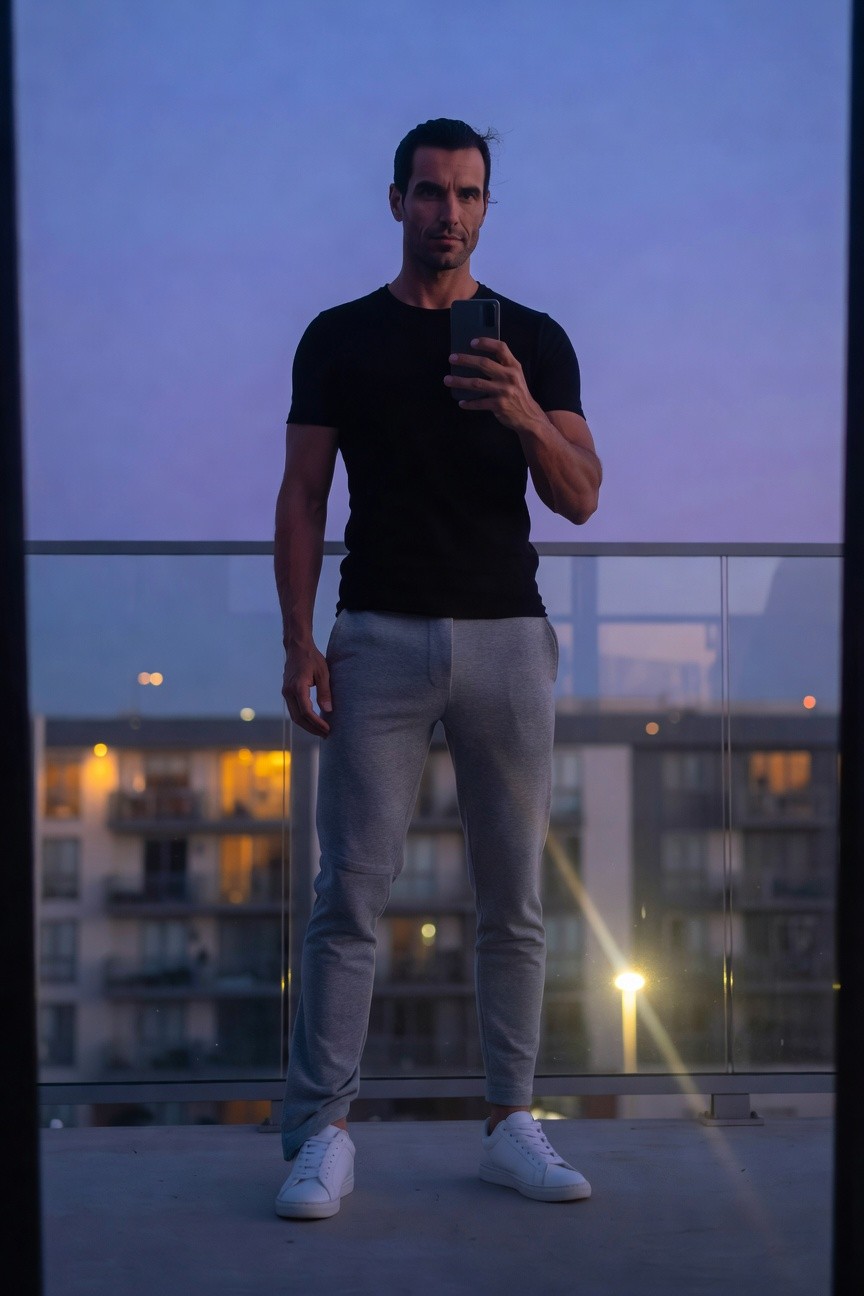 Muscular man in fitted black short-sleeve t-shirt, slim grey joggers, and white sneakers, standing confidently on a balcony taking a selfie at dusk