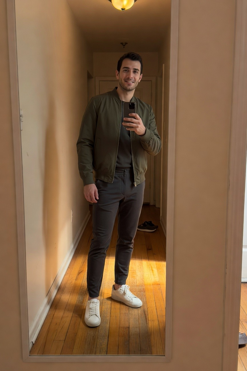 Man in olive green zip-up bomber jacket over dark grey joggers and white sneakers, posing in mirror selfie in hallway