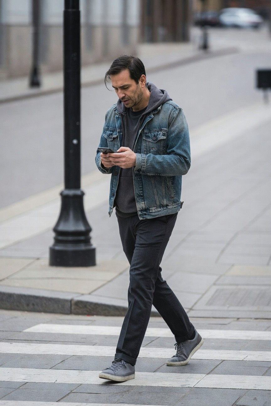 Man in light-wash denim jacket over grey hoodie, slim dark grey pants, and grey sneakers, walking and checking phone on urban crosswalk
