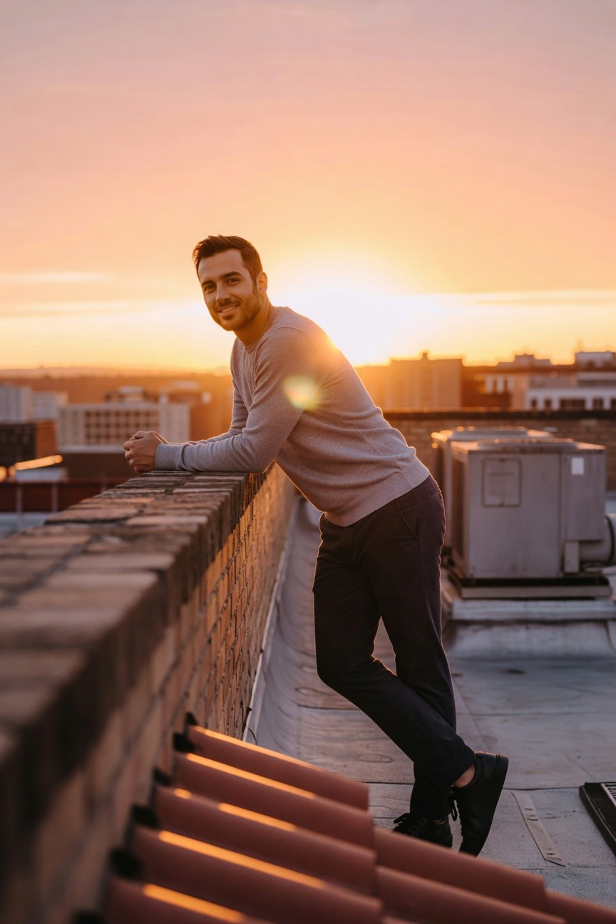 Man in light grey long-sleeve sweater, dark slim pants, and black sneakers leaning on brick wall against rooftop backdrop