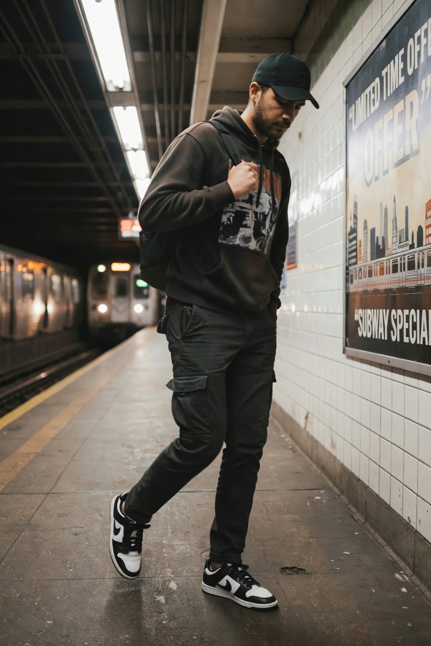 Man in grey graphic hoodie, black cap, grey cargo pants, black backpack, and black-white Nike Dunk Low sneakers walking on subway platform
