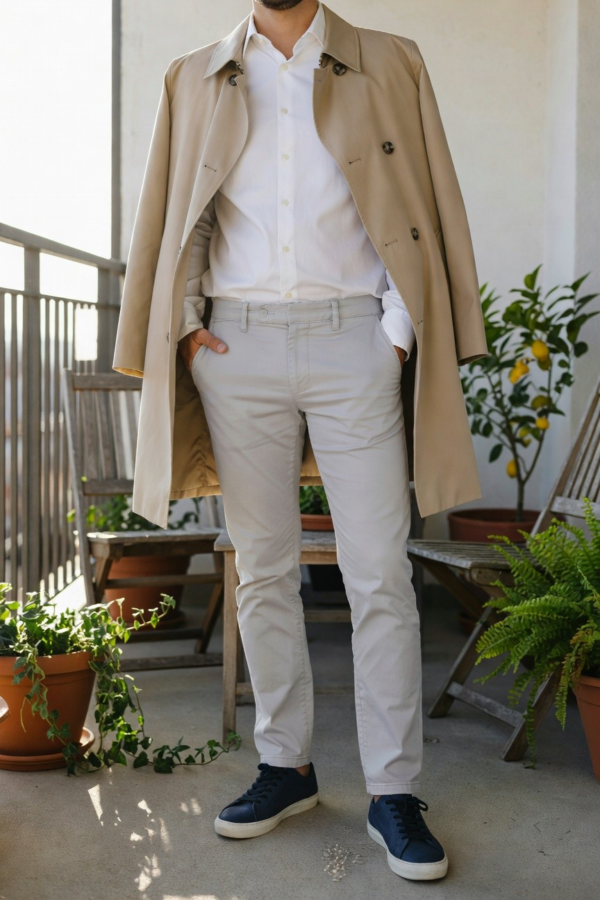 Man standing on balcony in open beige trench coat over white button-up shirt and light grey slim pants with hands in pockets, navy platform sneakers, casual modern style