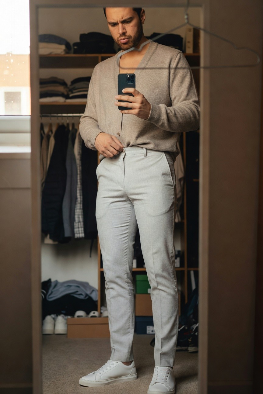 Man in open beige v-neck cardigan over bare chest, light grey slim trousers, and white leather sneakers, posing in front of open closet mirror while holding phone