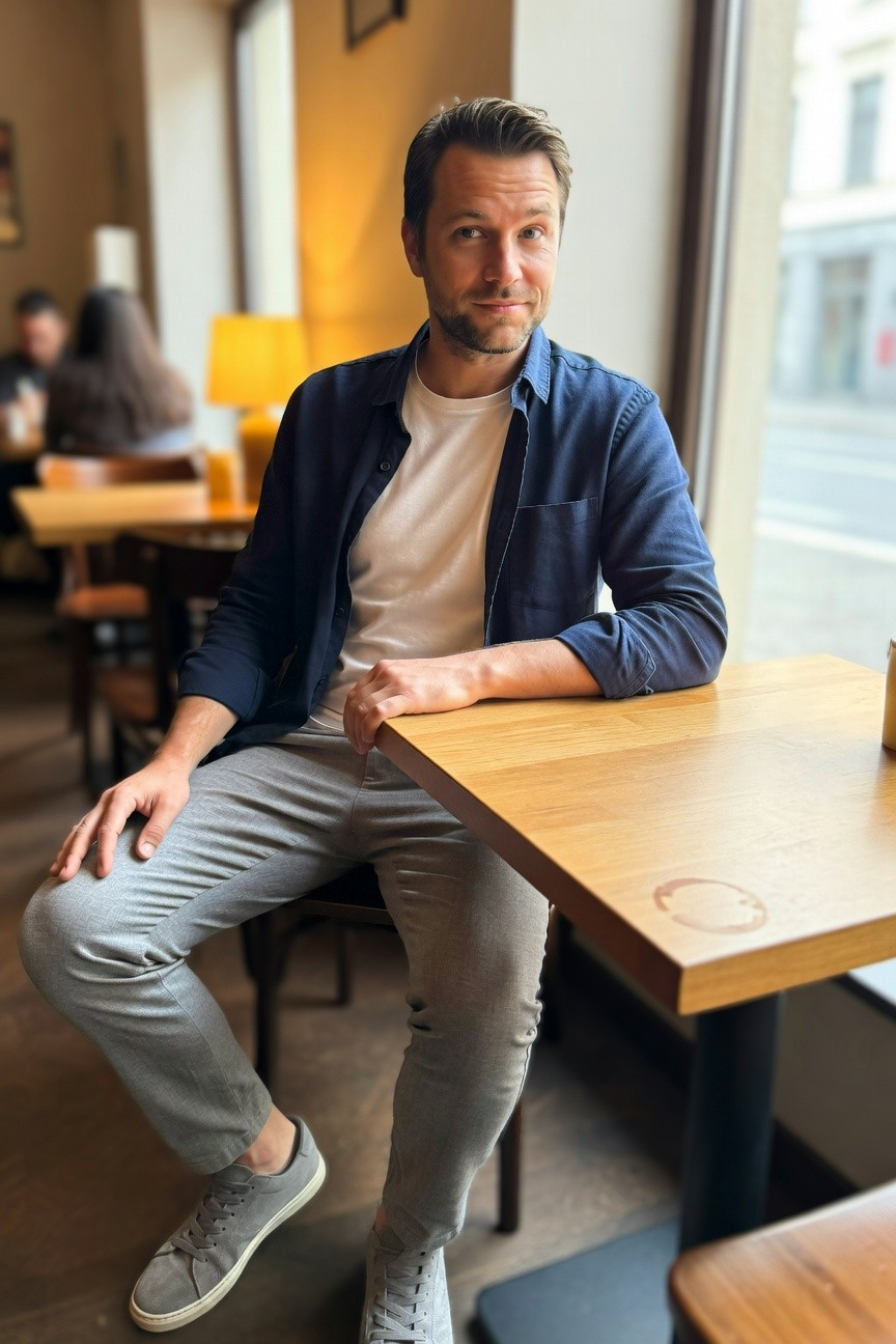 Man in open navy blue chambray shirt over white t-shirt, light grey slim pants, and matching grey suede sneakers, seated casually at a wooden cafe table