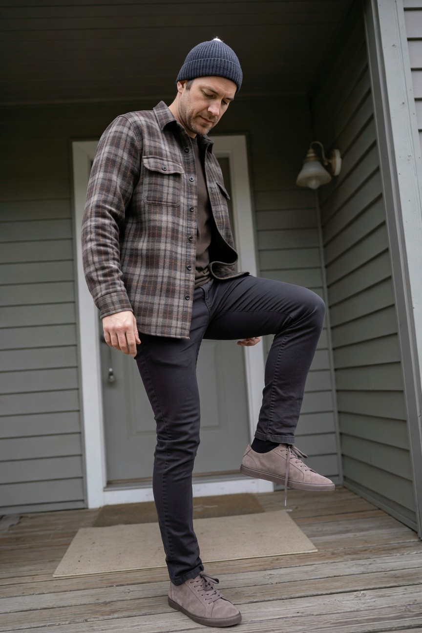 Man in open brown-grey plaid flannel shirt over dark tee, slim dark grey pants, grey suede sneakers, and navy knit beanie, posing with one leg raised on a porch