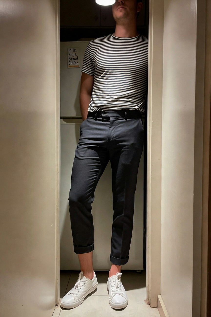 Man leaning casually in open fridge doorway wearing black-and-white striped short-sleeve tee, slim grey pants cuffed at ankles, black belt, white sneakers, hands in pockets