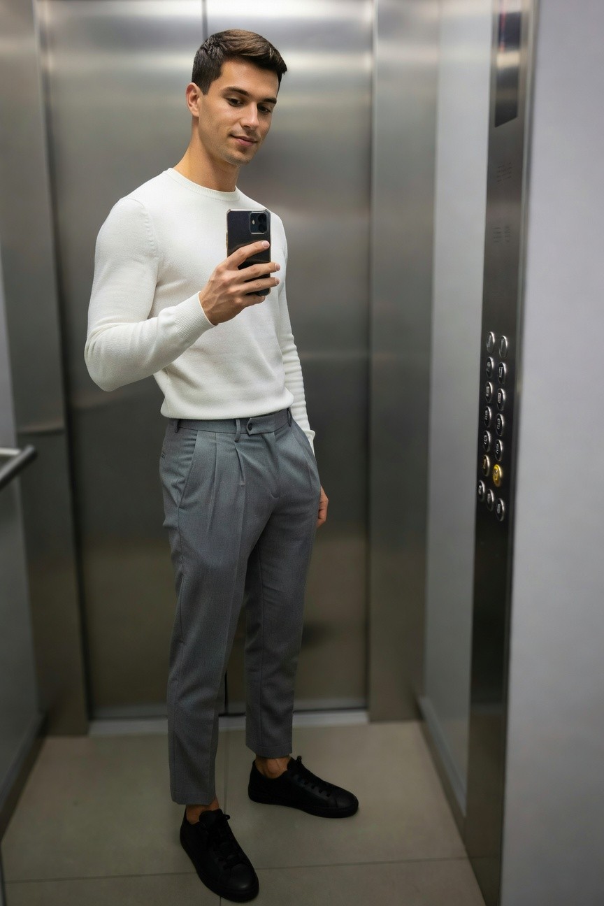 Young man in white long-sleeve knit sweater, light grey pleated trousers, and black sneakers, taking a mirror selfie in a steel elevator