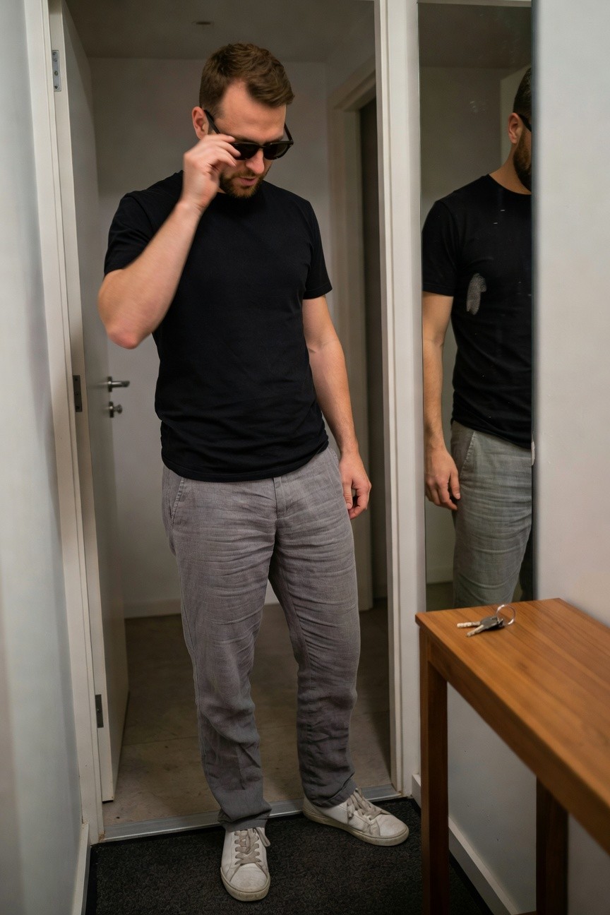 Man wearing black short-sleeve t-shirt, light grey textured linen pants, white sneakers, dark sunglasses, and talking on phone while standing in a hallway with mirror reflection and wooden side table nearby