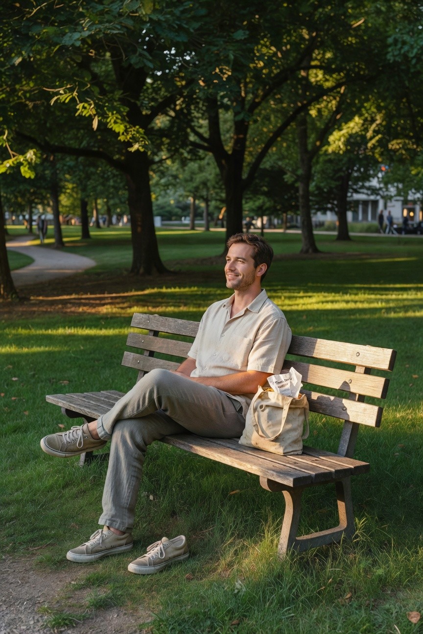 Man seated on wooden park bench wearing light grey linen pants, cream short-sleeve linen shirt, beige canvas sneakers, and canvas tote bag with newspaper, relaxed pose in green park setting