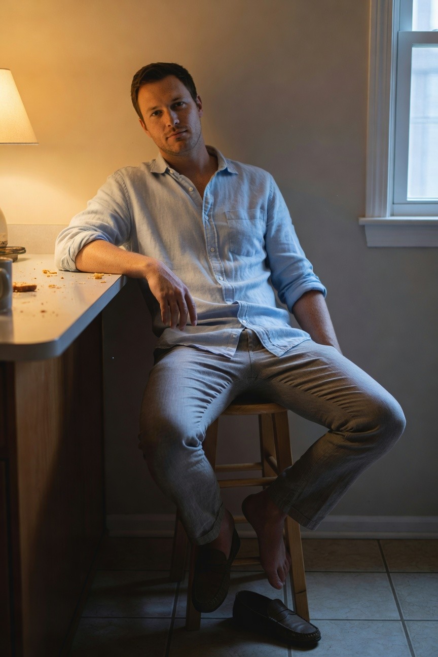 Man in light blue chambray shirt with rolled sleeves and open collar, grey slim linen pants, sitting casually on a wooden stool with one loafer off and bare foot visible, leaning on kitchen counter with crumbs nearby