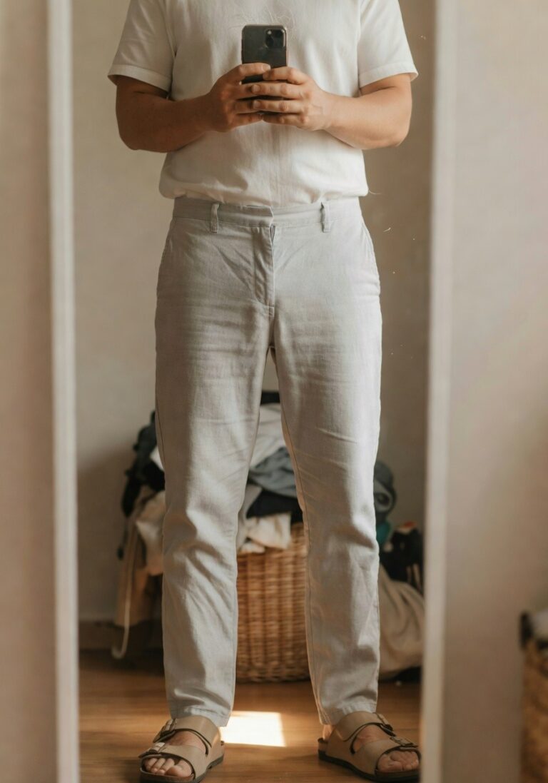 Man in white short-sleeved linen shirt with open collar, light grey linen pants loose at the leg, tan strap sandals, standing in front of a mirror holding a smartphone