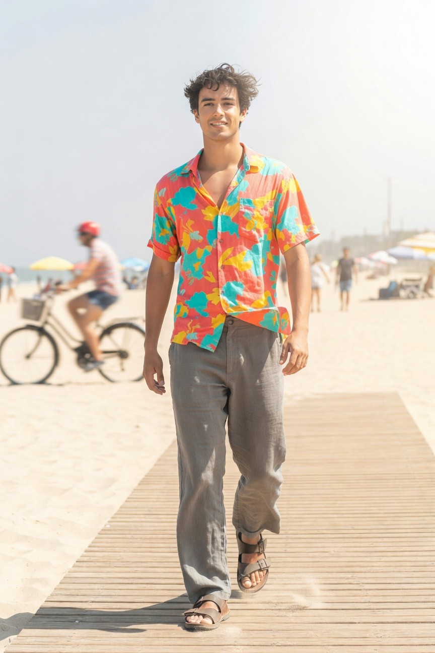 Man walking on wooden boardwalk wearing open colorful floral short-sleeve shirt in pink orange and blue patterns over grey loose linen pants and tan strap sandals, beach blurred in background