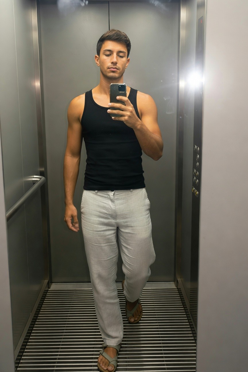 Young man taking a mirror selfie in an elevator, wearing a black sleeveless tank top, light grey linen pants, and grey strap sandals, arms flexed slightly while holding phone