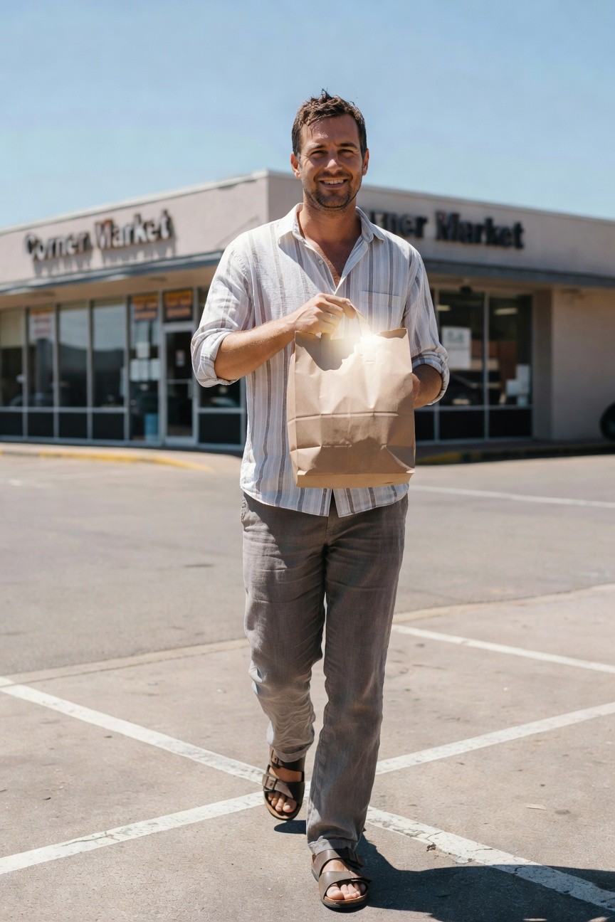 Man smiling while holding a brown paper grocery bag, dressed in a white vertically striped button-up shirt with open collar, loose grey linen pants, and brown leather sandals, standing in a parking lot