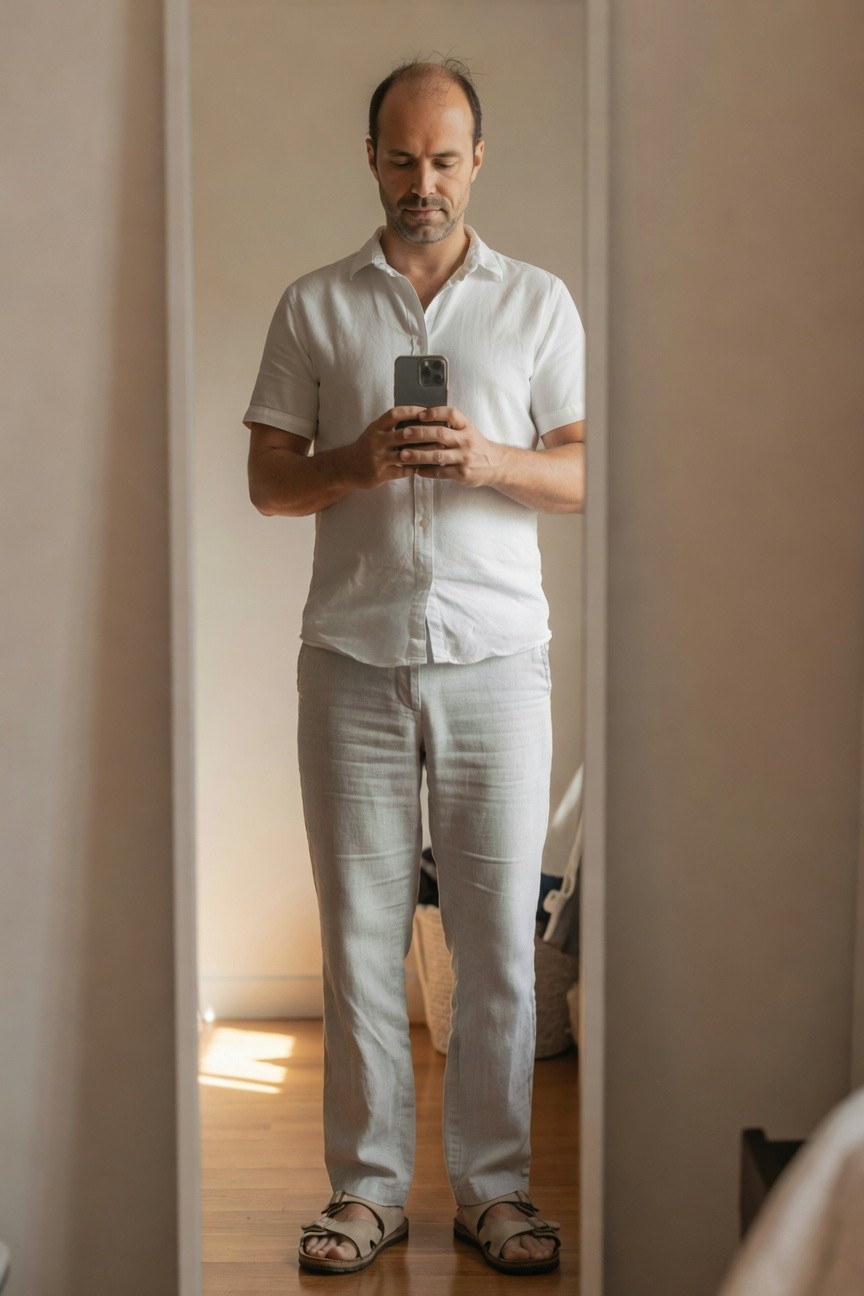 Man in white short-sleeved linen shirt with open collar, light grey linen pants loose at the leg, tan strap sandals, standing in front of a mirror holding a smartphone