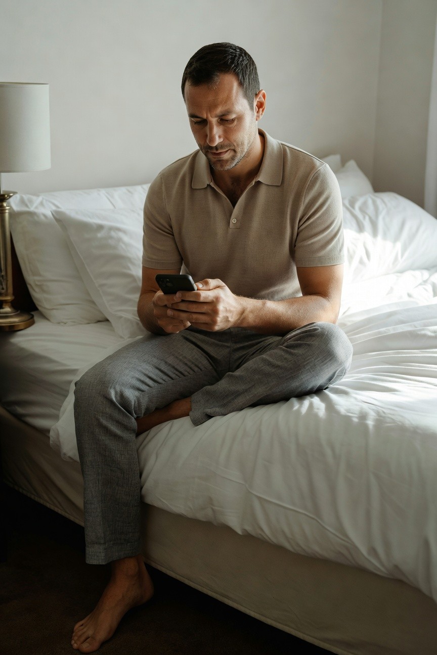 Man sitting on bed in beige short-sleeve polo shirt and light grey textured linen pants, holding phone, barefoot, neutral bedroom background