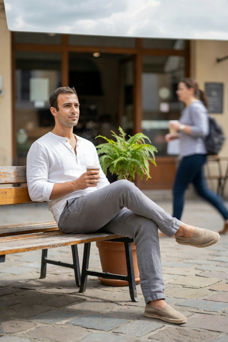 Man sitting on wooden bench in white long-sleeve henley shirt, grey linen pants, and beige espadrilles, holding paper coffee cup next to potted plant
