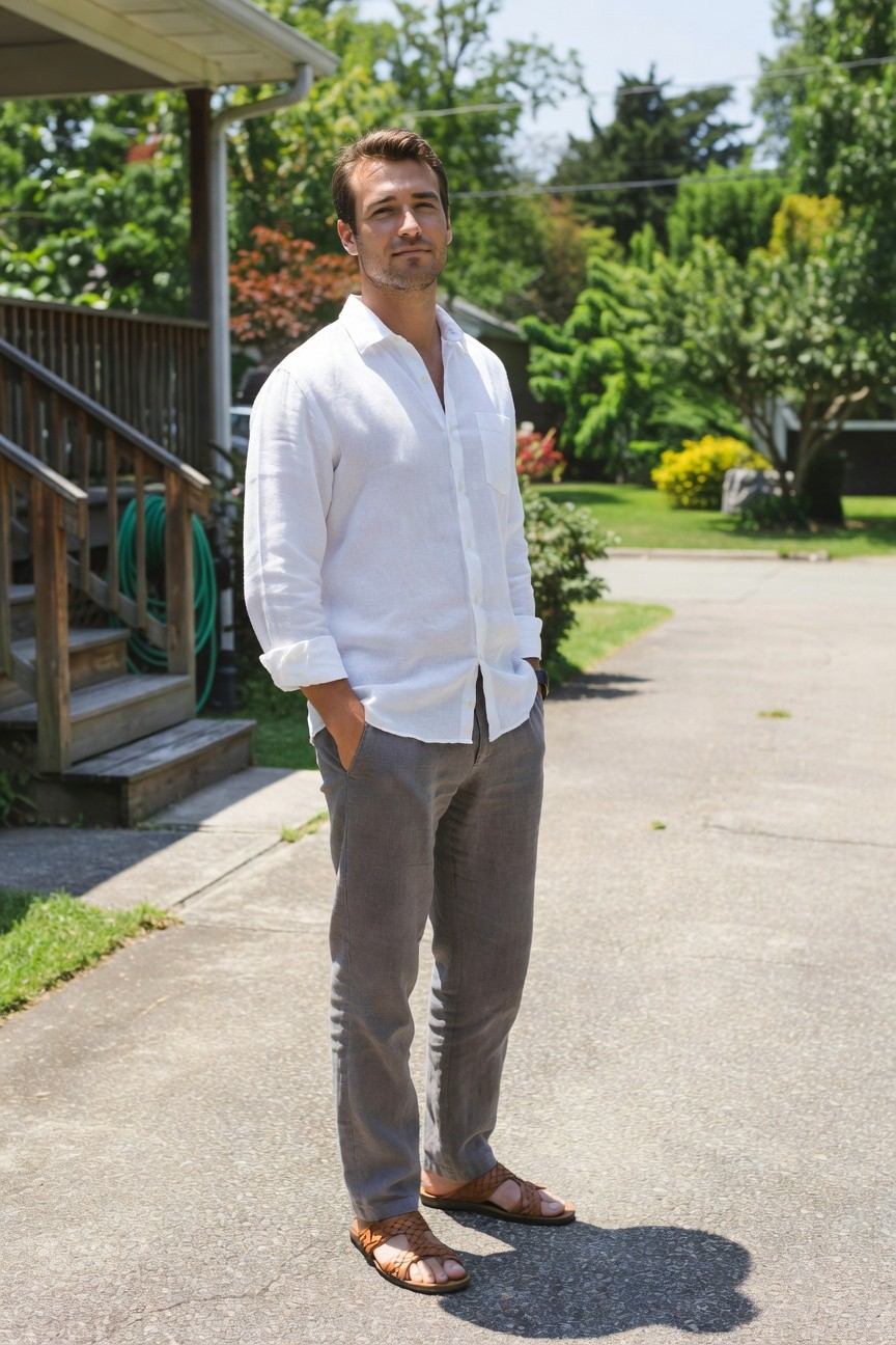 Man standing casually in a white linen shirt with rolled sleeves and open collar, grey linen pants, tan woven sandals, on a driveway with hands in pockets