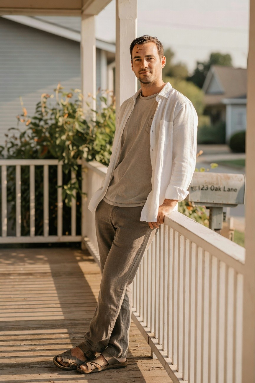 Man leaning on porch railing wearing open white linen shirt over grey t-shirt tucked loosely, paired with matching grey linen pants cuffed at ankles, and brown braided leather sandals, casual warm-weather outfit