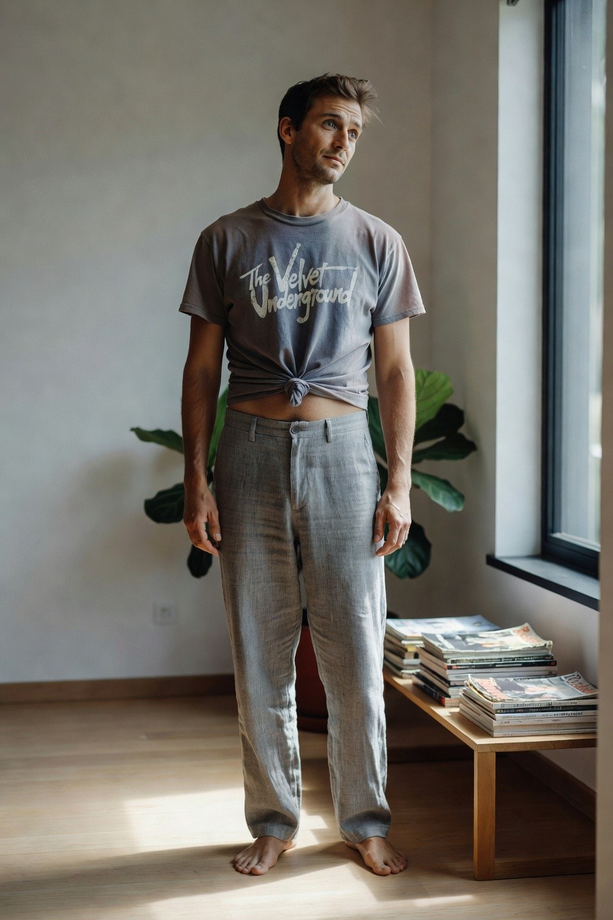 A man stands in a modern room wearing a grey The Velvet Underground graphic t-shirt knotted at the waist exposing his midriff, paired with low-slung light grey linen pants, barefoot on a wooden floor next to a stack of magazines and a potted plant.