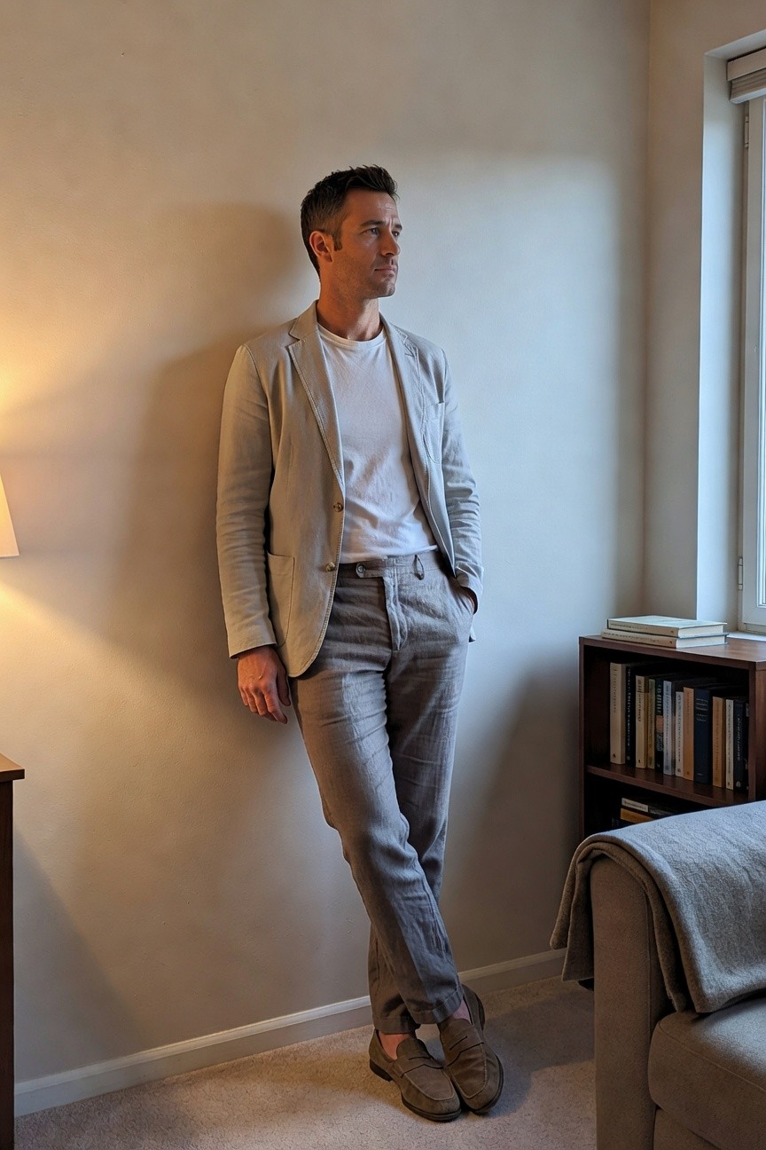 Man leaning against indoor wall in light grey blazer over white t-shirt tucked into mid-grey linen pants with pleats and drawstring waist, hands in pockets, wearing tan suede loafers without socks, bookshelves and lamp in background